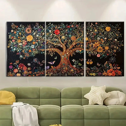 3pcs Vibrant Tree of Life Embroidery Butterfly Metal Print Ready to Hang Art