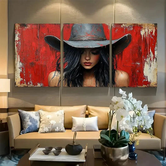 3pcs Western Woman in Hat with Black Hair Metal Print Ready to Hang Art