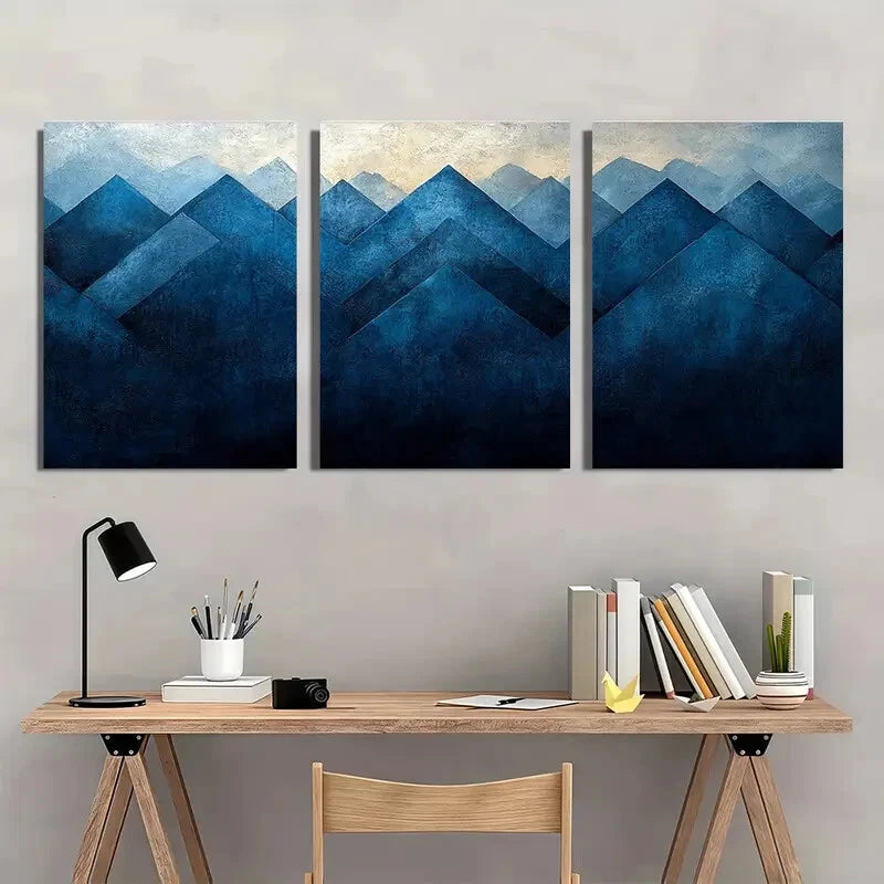 3pcs Abstract Blue & Black Geometric Design Metal Print Ready to Hang Art