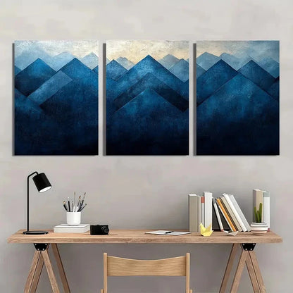 3pcs Abstract Blue & Black Geometric Design Metal Print Ready to Hang Art