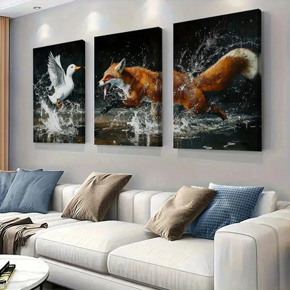 3pcs Fox & Duck Nature Scene with Splash Water Wall Art Set Canvas Framed 40x60cm - High Quality Print 100% Australian Made Wall Canvas Ready to Hang