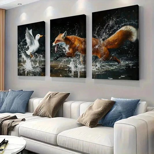 3pcs Fox & Duck Nature Scene with Splash Water Wall Art Set Canvas Framed 40x60cm - High Quality Print 100% Australian Made Wall Canvas Ready to Hang
