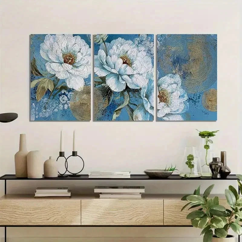 3pcs Golden and Blue Floral Design Metal Print Ready to Hang Art