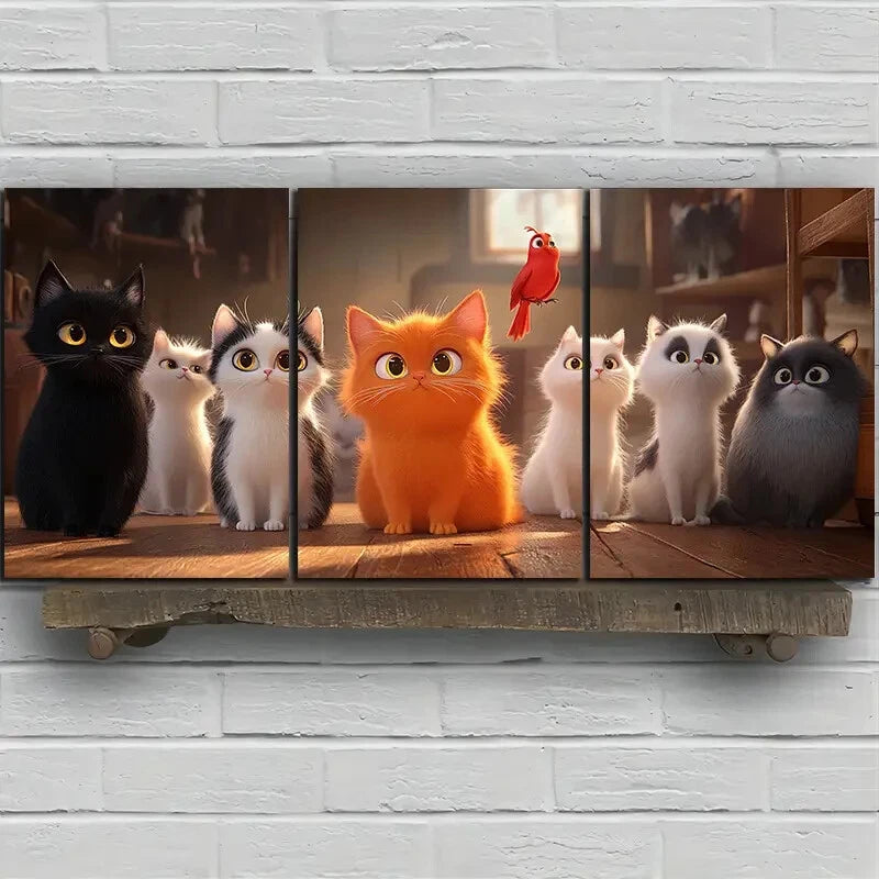 3pcs Black And White Cat And Orange Metal Print Ready to Hang Art