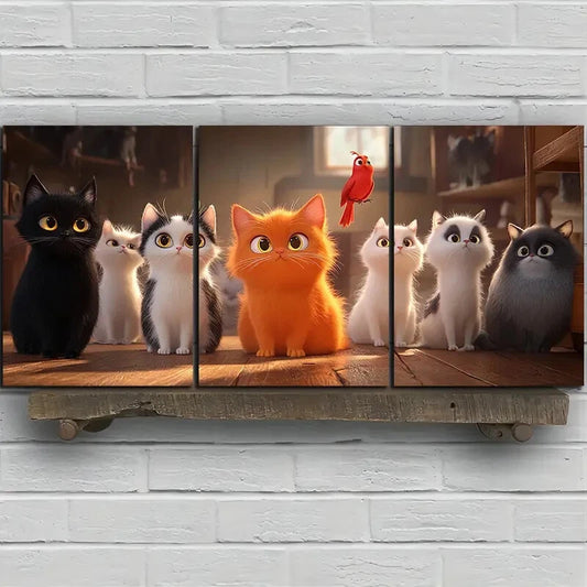 3pcs Black And White Cat And Orange Metal Print Ready to Hang Art