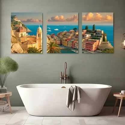 3pcs Vibrant Beach & Yacht Scene with Orange Roofs Metal Print Ready to Hang Art