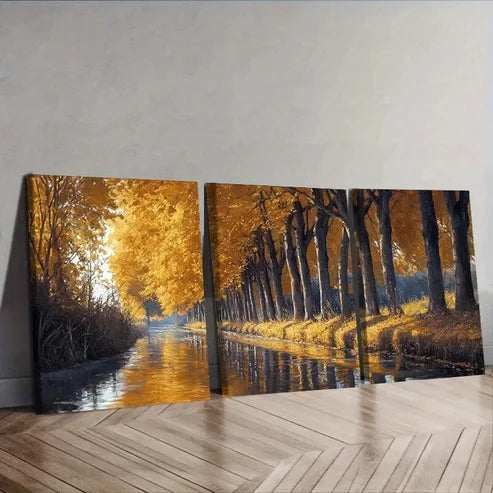 3pcs Golden Autumn River Trees Wall Art Set Canvas Unframed - High Quality Print 100% Australian Made Wall Canvas