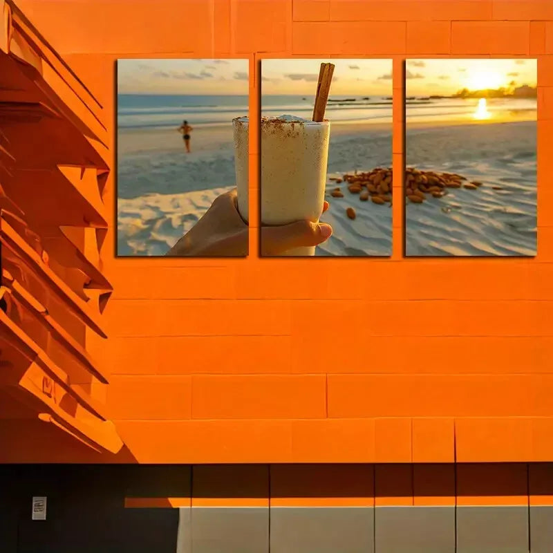 3pc Sunset Beach Scene with Drink and Vanilla Beans   Wall Art Set Canvas Framed 50x70cm - High Quality Print 100% Australian Made Wall Canvas Ready to Hang - Bella Home Decor