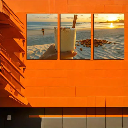 3pc Sunset Beach Scene with Drink and Vanilla Beans   Wall Art Set Canvas Framed 50x70cm - High Quality Print 100% Australian Made Wall Canvas Ready to Hang - Bella Home Decor