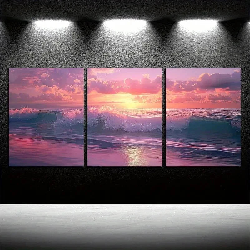 3pcs Vibrant Ocean Wave Illustration Wall Art Set Canvas Framed 60x90cm - High Quality Print 100% Australian Made Wall Canvas Ready to Hang