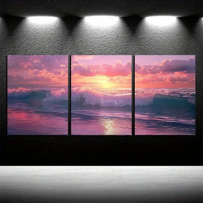 3pcs Vibrant Ocean Wave Illustration Wall Art Set Canvas Framed 60x90cm - High Quality Print 100% Australian Made Wall Canvas Ready to Hang