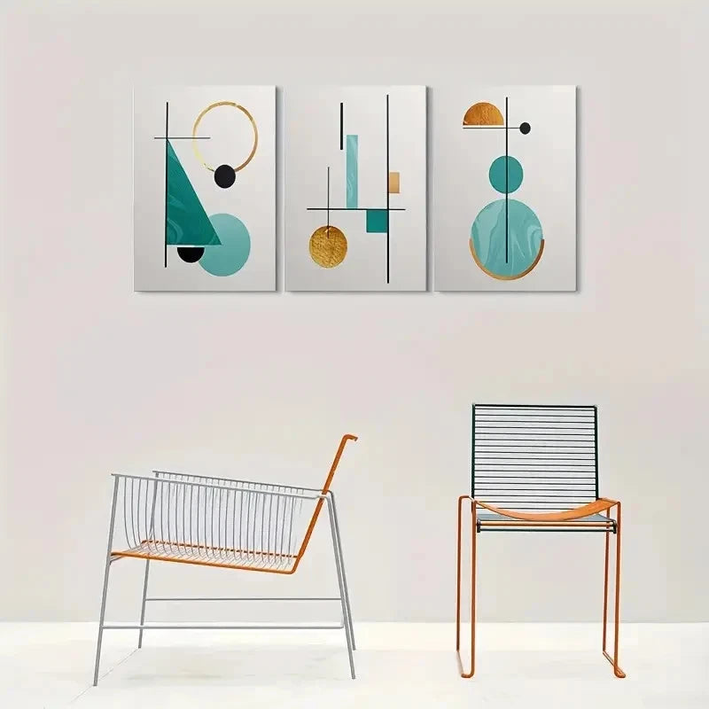 3pcs Teal Golden & Black Design Geometric Metal Print Ready to Hang Art