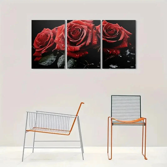 3pcs Red Rose Metal Water Droplets Effect Print Ready to Hang Art