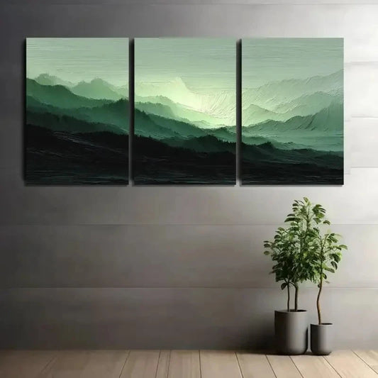 3pcs Green & Gray Layered Landscape Wall Art Metal Print Ready to Hang Art
