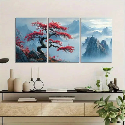 3pcs Heart Ornament on Tree Branch Metal Print Ready to Hang Art