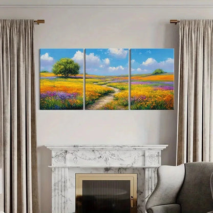 3pcs Landscape Painting Colorful Flowers Blue Sky Metal Print Ready to Hang Art