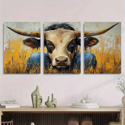 3pcs Rustic Cow Fur & Horns Warm Earthy Tones Metal Print Ready to Hang Art