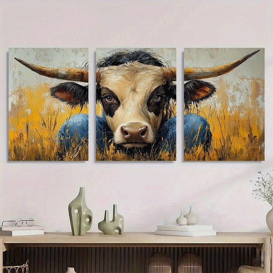 3pcs Rustic Cow Fur & Horns Warm Earthy Tones Metal Print Ready to Hang Art