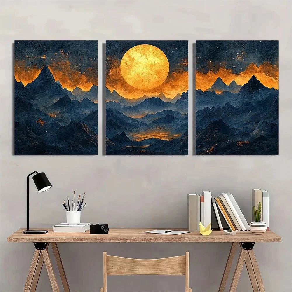 3pcs Golden Moon Dark Blue & Orange Metal Print Ready to Hang Art