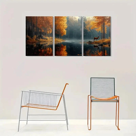 3pcs Autumn Forest Lake Deer Nature Metal Print Ready to Hang Art
