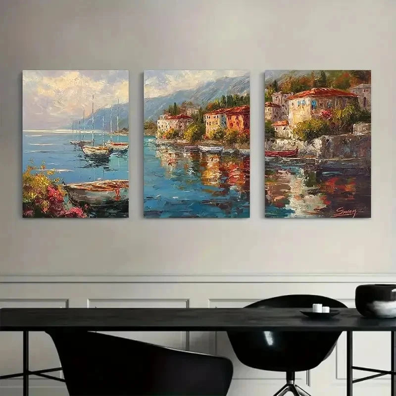 3pcs Coastal Town Scene with Boats Buildings Metal Print Ready to Hang Art