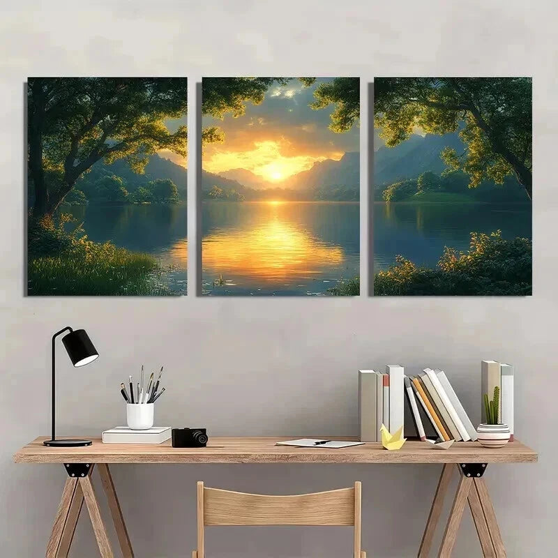 3pcs Serene Shire Sunrise & Calm Waters Scene Wall Art Set Canvas Framed 40x60cm - High Quality Print 100% Australian Made Wall Canvas Ready to Hang