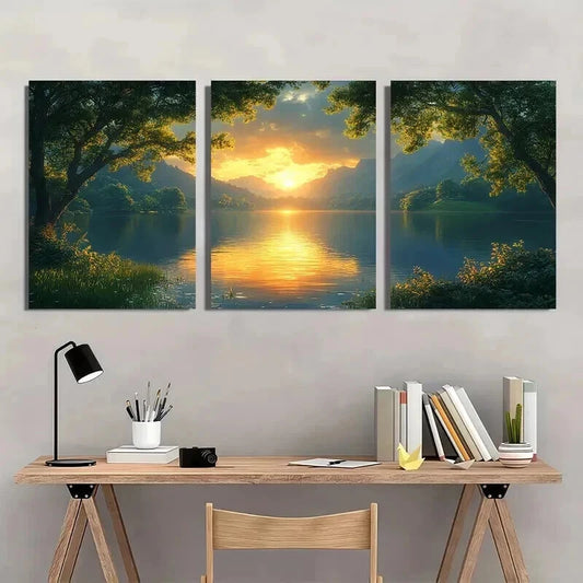 3pcs Serene Shire Sunrise & Calm Waters Scene Wall Art Set Canvas Framed 40x60cm - High Quality Print 100% Australian Made Wall Canvas Ready to Hang