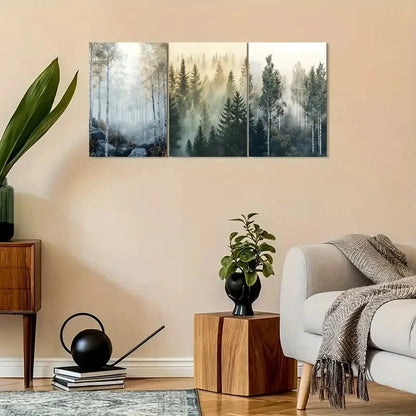 3pcs Vintage Nordic Forest with Misty Sunlit Scene Metal Print Ready to Hang Art