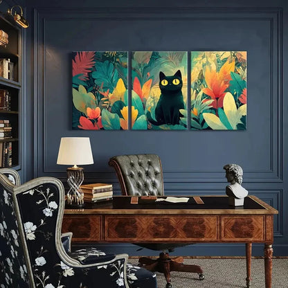 3pcs Black Cat Vibrant Leaves Tropical Jungle Metal Print Ready to Hang Art