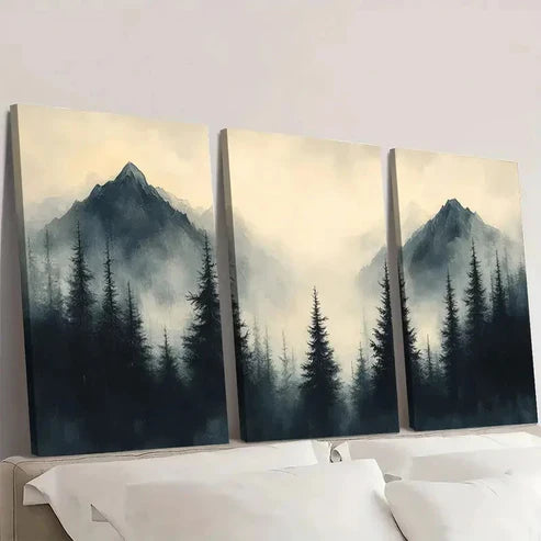 3pcs Misty Forest and Silhouette Trees Wall Art Set Canvas Unframed - High Quality Print 100% Australian Made Wall Canvas