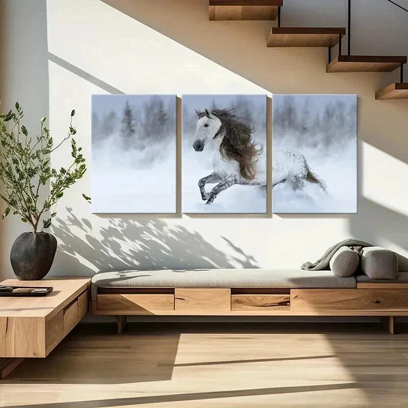 3pcs Running Horse Snowy Landscape Painting Wall Art Set Canvas Framed 40x60cm - High Quality Print 100% Australian Made Wall Canvas Ready to Hang