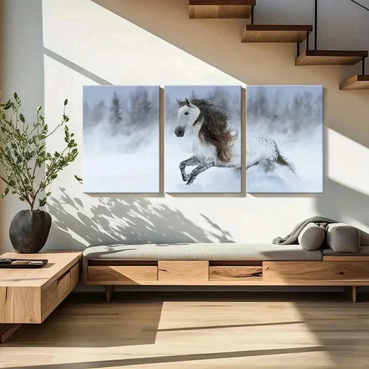 3pcs Running Horse Snowy Landscape Painting Wall Art Set Canvas Framed 40x60cm - High Quality Print 100% Australian Made Wall Canvas Ready to Hang
