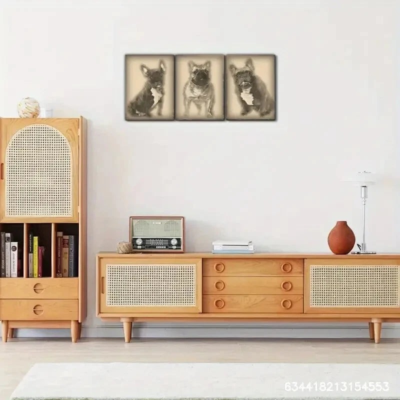 3pcs Vintage Adorable French Bulldog Puppies Metal Print Ready to Hang Art