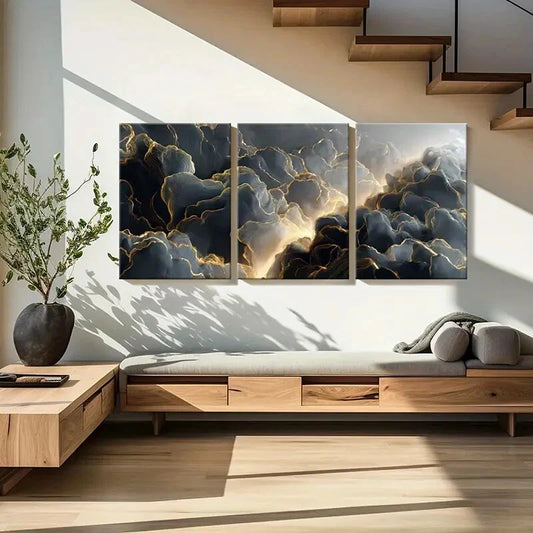 3pcs Abstract Cloudscape Art Golden Lines Metal Print Ready to Hang Art