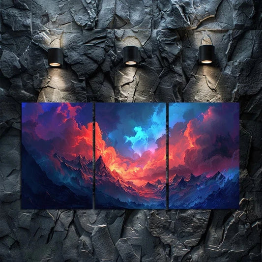 3pcs Painting of Clouds, Red and Blue Sky Metal Print Ready to Hang Art