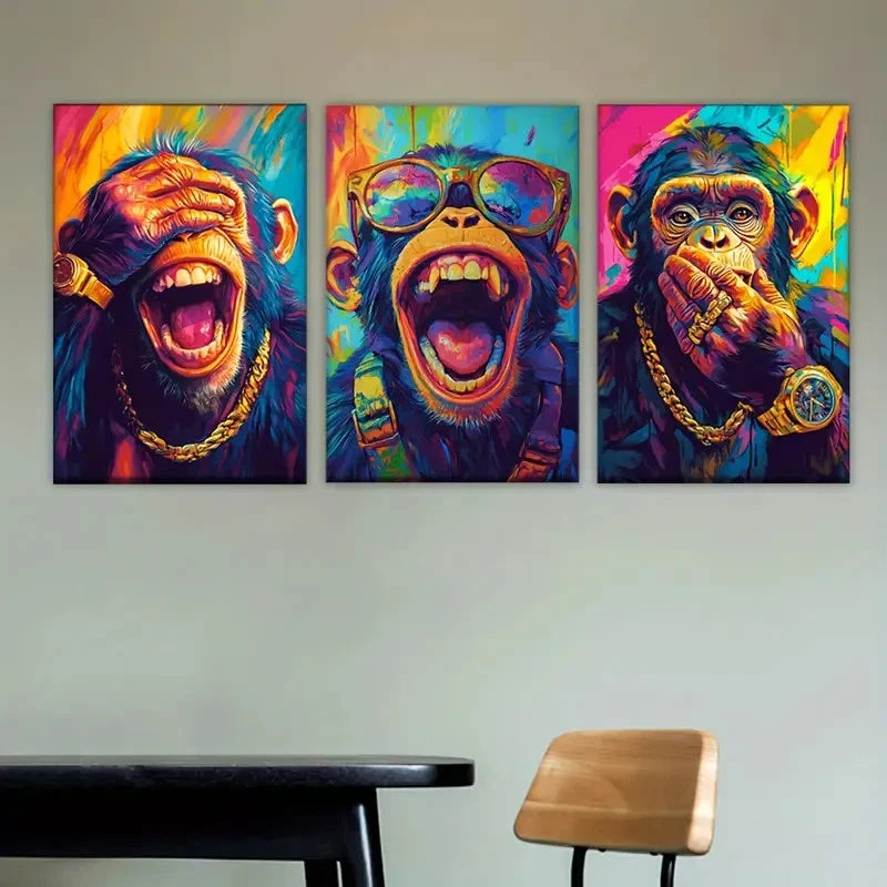 3pcs Three Open Monkey Paintings Metal Print Ready to Hang Art