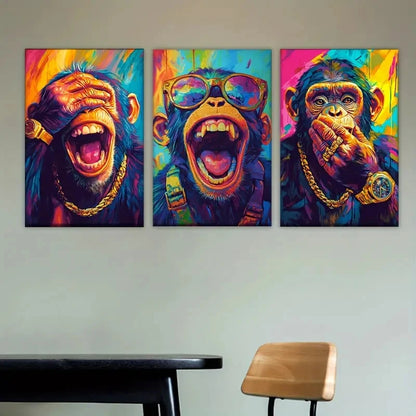 3pcs Three Open Monkey Paintings Metal Print Ready to Hang Art