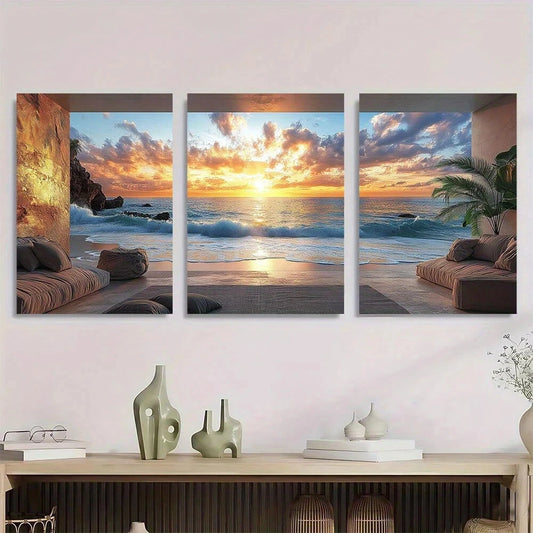 3pcs Ocean Waves & Rocky Cliffs Scene Metal Print Ready to Hang Art