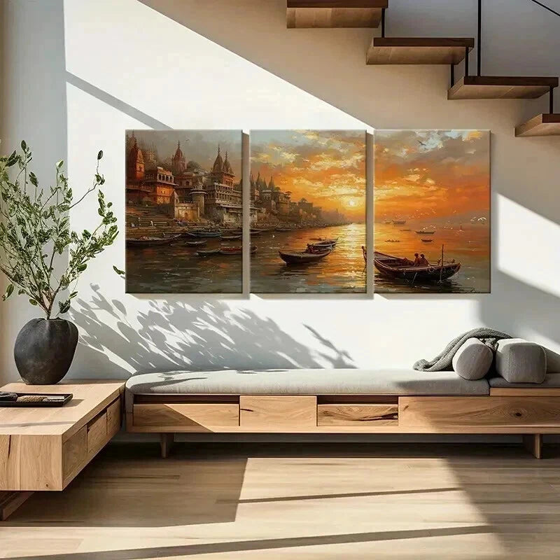 3pcs Sunset Cityscape with Golden Sky Reflection Wall Art Set Canvas Framed 60x90cm - High Quality Print 100% Australian Made Wall Canvas Ready to Hang