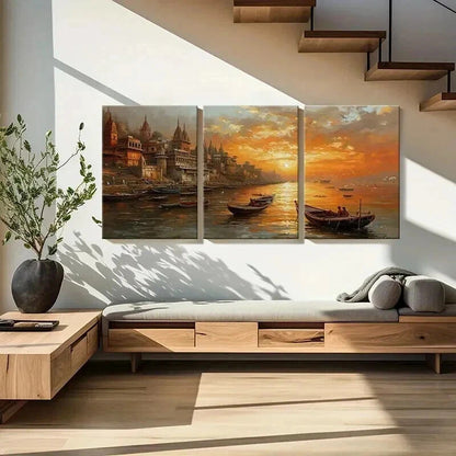 3pcs Sunset Cityscape with Golden Sky Reflection Wall Art Set Canvas Framed 60x90cm - High Quality Print 100% Australian Made Wall Canvas Ready to Hang