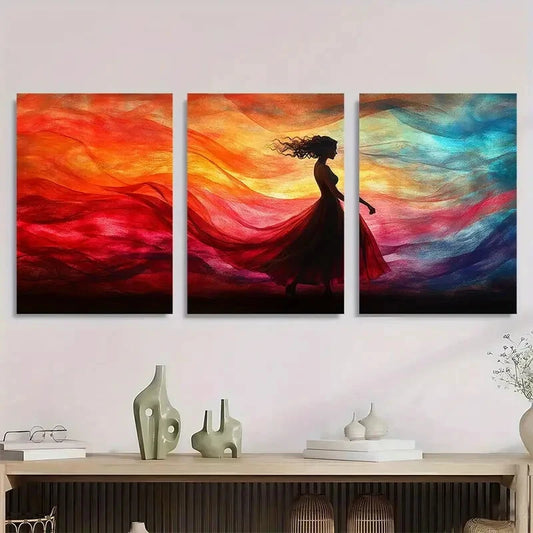 3pcs Abstract Female Silhouette Vibrant Red Dress Metal Print Ready to Hang Art
