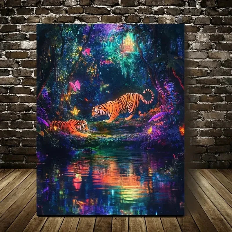 Vibrant Tiger Forest Magical Rainbow Painting 40x60cm Metal Print Ready to Hang