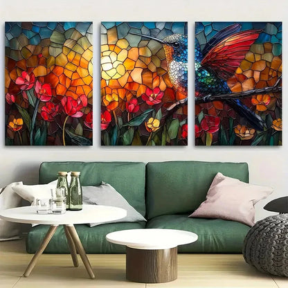 3pcs Vibrant Stained Glass Hummingbird Design Metal Print Ready to Hang Art