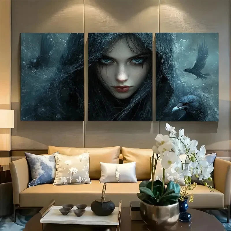 3pcs Mysterious Woman with Ravens Gothic Fantasy Metal Print Ready to Hang Art