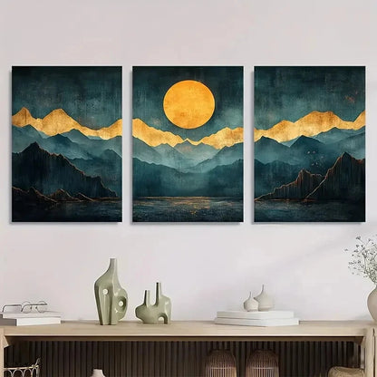 3pcs Dark Blue Green Mustard Yellow Abstract Metal Print Ready to Hang Art