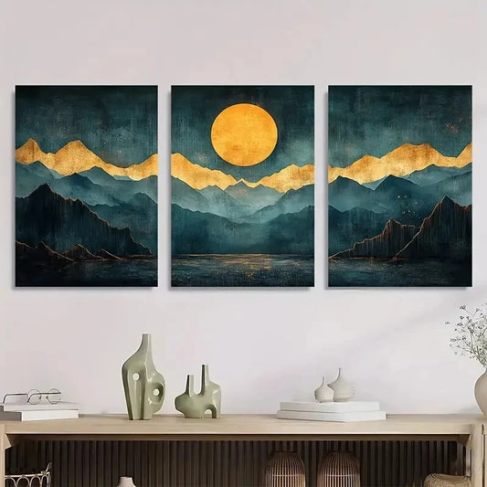 3pcs Dark Blue Green Mustard Yellow Abstract Metal Print Ready to Hang Art