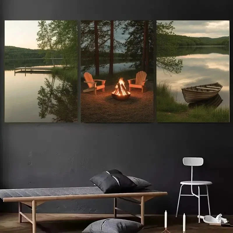 3pcs Serene Lake Campfire & Pine Trees Scenery Metal Print Ready to Hang Art