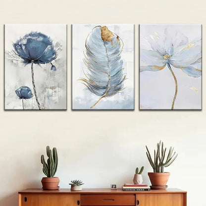 3pcs Modern Floral and Feather Designs Metal Print Ready to Hang Art