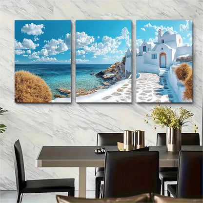 3pcs Traditional Cycladic Architecture with Blue Metal Print Ready to Hang Art