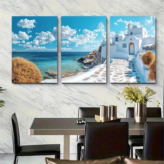 3pcs Traditional Cycladic Architecture with Blue Metal Print Ready to Hang Art